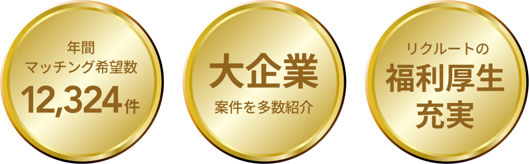 年間マッチング希望数 12,324件 / 大企業案件を多数紹介 / リクルートの福利厚生充実 